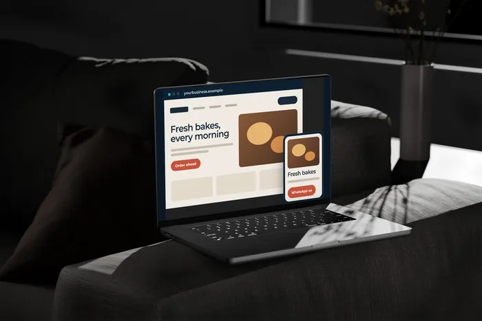 A laptop showing a business website design with sample content.
